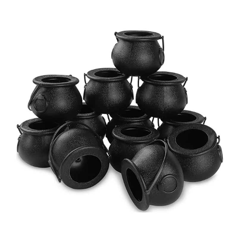 SEWS-12Pcs Mini Black Cauldron With Handle Halloween Mini Witch Cauldron Halloween Pot Candy Holder For Halloween