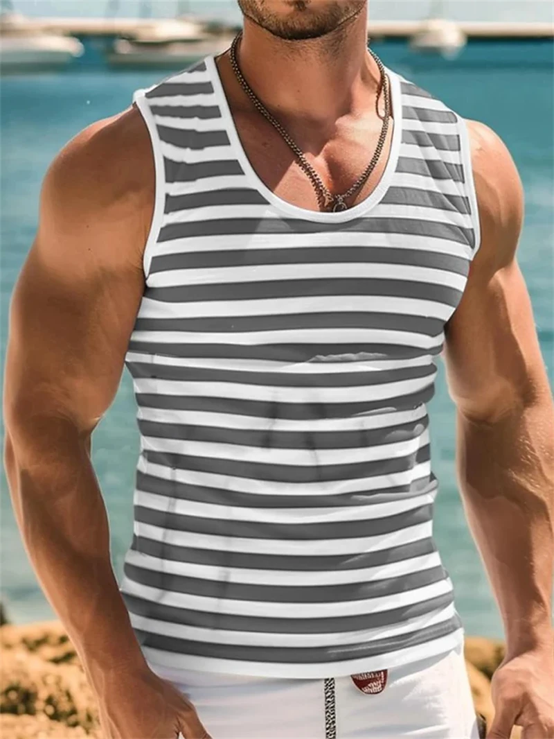 

Fashion 3D Stripe Print Man Vest Summer Casual O-neck Sleeveless Shirt Outdoor Running Fitness Sports Men's Tank Top Gym T-shirt