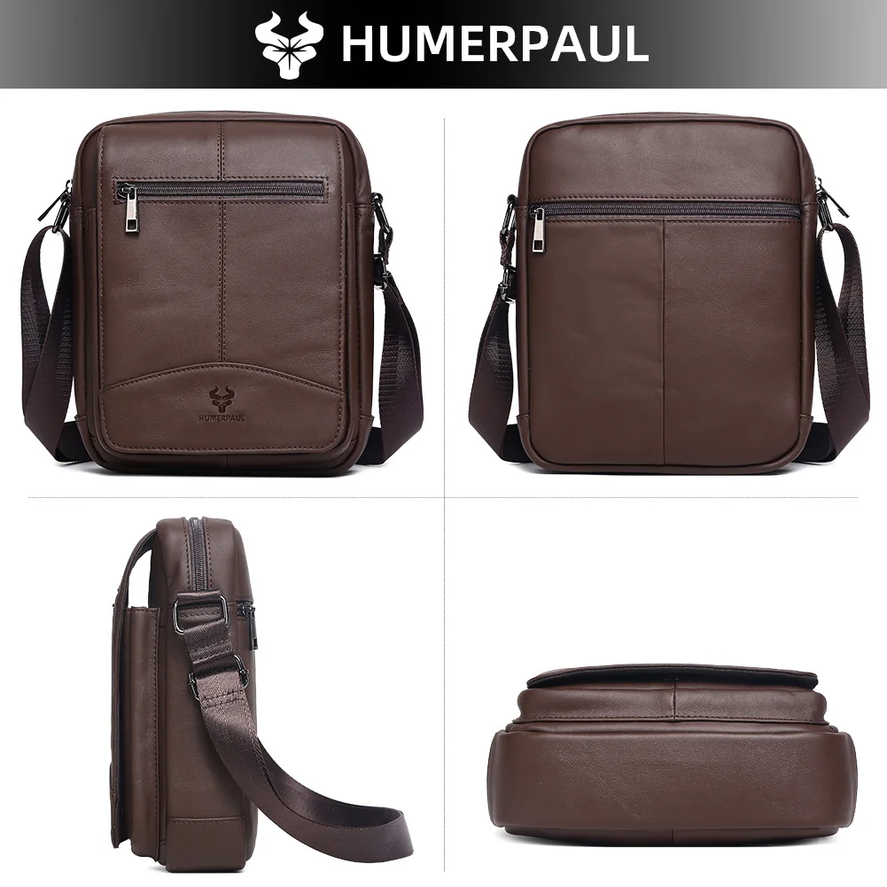 حقيبة كتف للرجال من الجلد الطبيعي من HUMERPAUL كاجوال بحزام قابل للتعديل مع جيب للهاتف والسفر التجاري