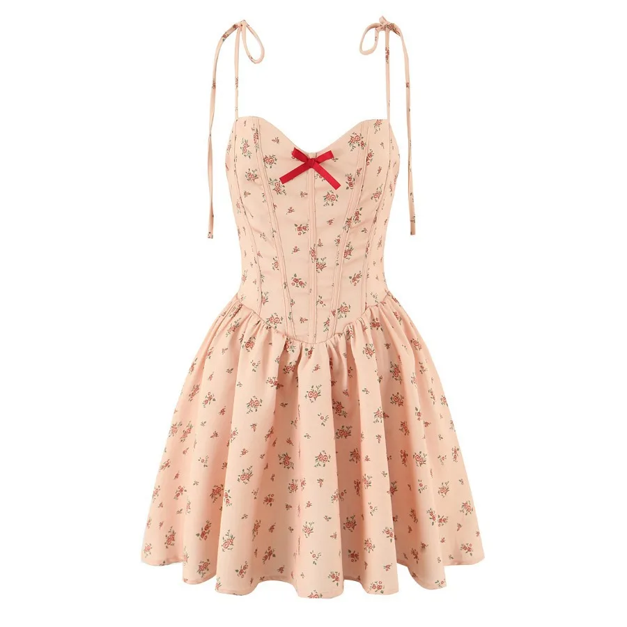 Letnia Moda Sexy Sukienka na Ramiączkach z Nadrukiem Damska Kwiatowa Wąska Mini Sukienka Wiązana na Plecach Bez Pleców Kokarda Krótka Koszula Coquette Słodkie Ubrania Y2k