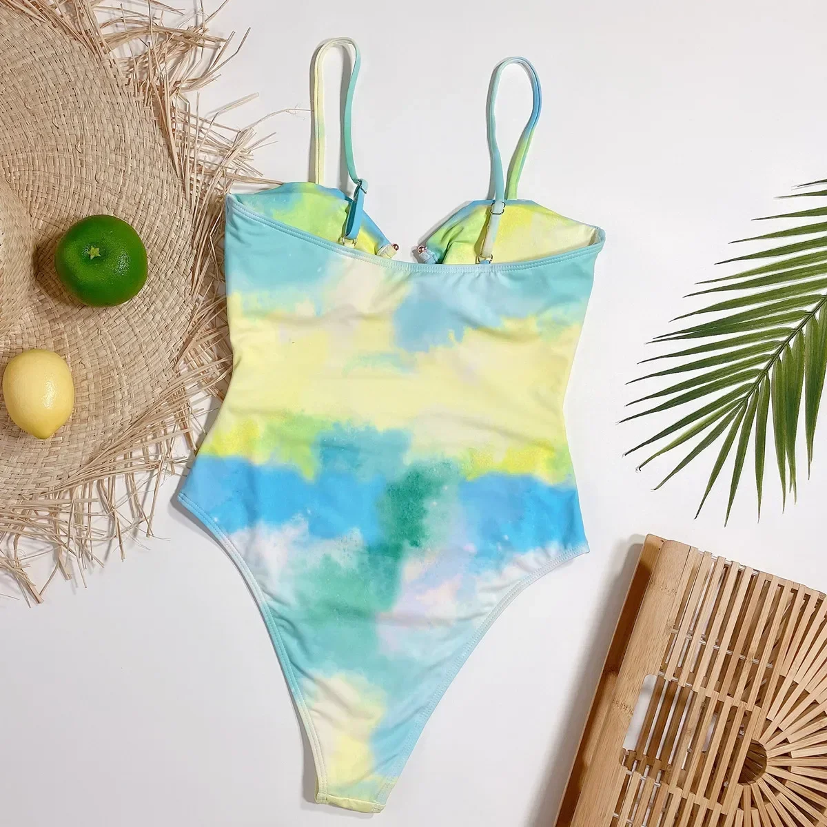 Sexy Green Tie Dye Print Swimsuits Woman One Piece Swimwear 2025 Hollow Out Monokini Metal Ring Linked High Cut Bathing Suit