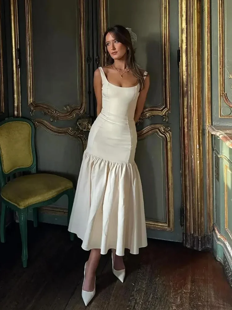 Abito lungo a pieghe solido Abito lungo da donna elegante con scollo quadrato senza maniche con spalle scoperte Abiti maxi slim Abiti da sera da donna