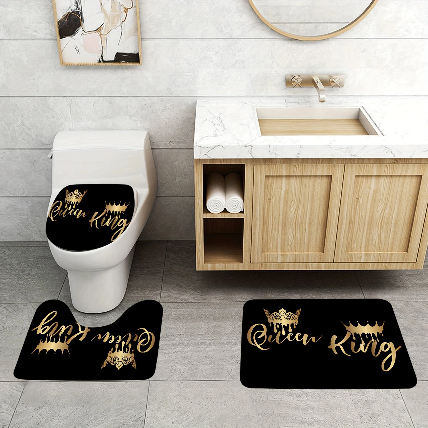 Crown Letter Patroon Douchegordijn Set, Waterdicht Badgordijn Met, U-vormige Mat, Toilet Cover Mat, L-vormige Mat, Badkamer A