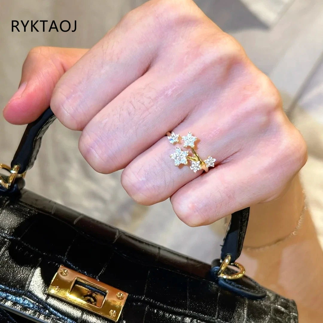 925 Sterling Silver Gold Plated Branch Floral Open Ring for Women Multi‑Star Flower Paved Cubic Zirconia Adjustable Jewelry Gift
