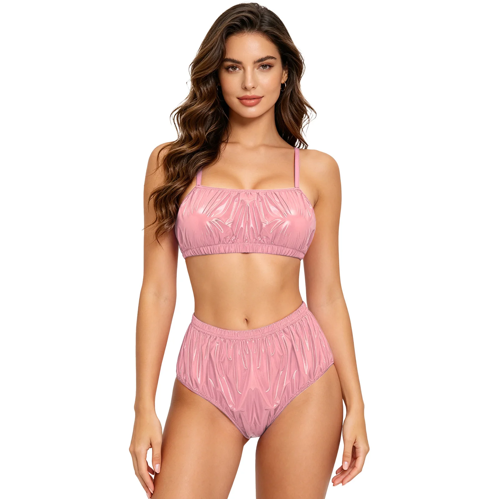 Womens Glossy Waterproof Swimsuit No-pad No-wire Bikini Bra Top And Elastic Band Swim Bottom Briefs Beach Bathing Suit Clubwear