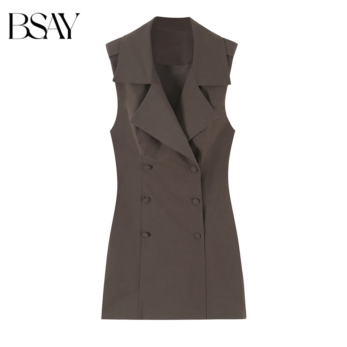 BSAY Elegant Women Sleeveless Blazer Mini Dress Notched Lapel Double Breasted Vest Dress Autumn Solid Brown Office Party Dress