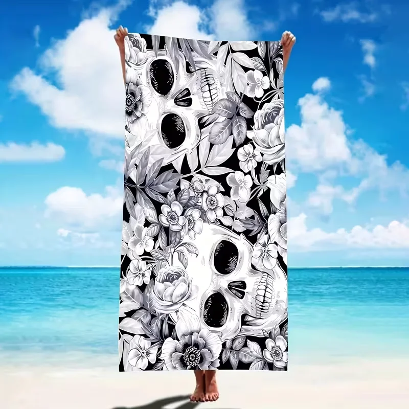 Illustration Skull Floral Beach Towel Gothic Flower Print Quick Dry Sandproof Absorbent Towel for Summer Beach Travel Vacation