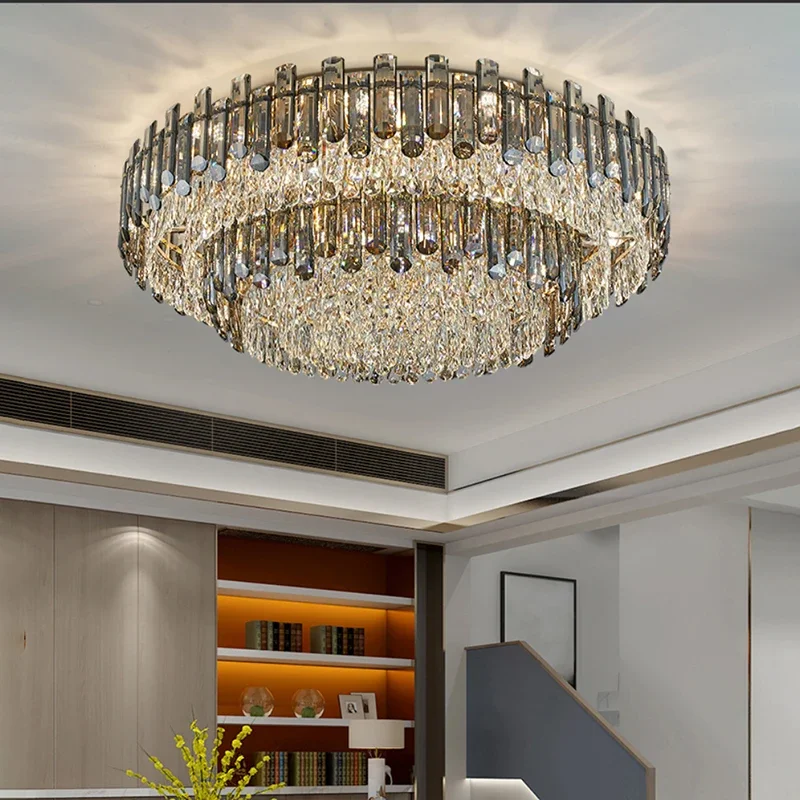 Grey crystal ceiling chandelier for living room modern home decor cristal lamp luxury large led dimmable lamp lustre