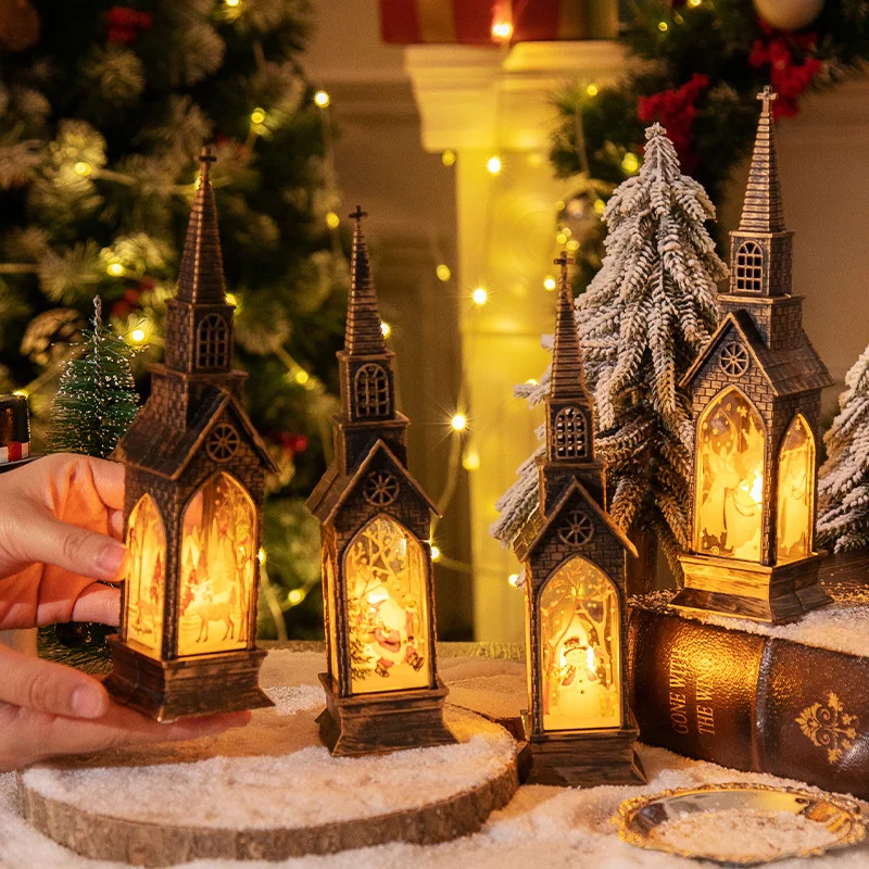 Lanterne de Noël à LED, Veilleuses, Vintage, Château, Père Noël, Bonhomme de Neige, Décor de ixdu Nouvel An