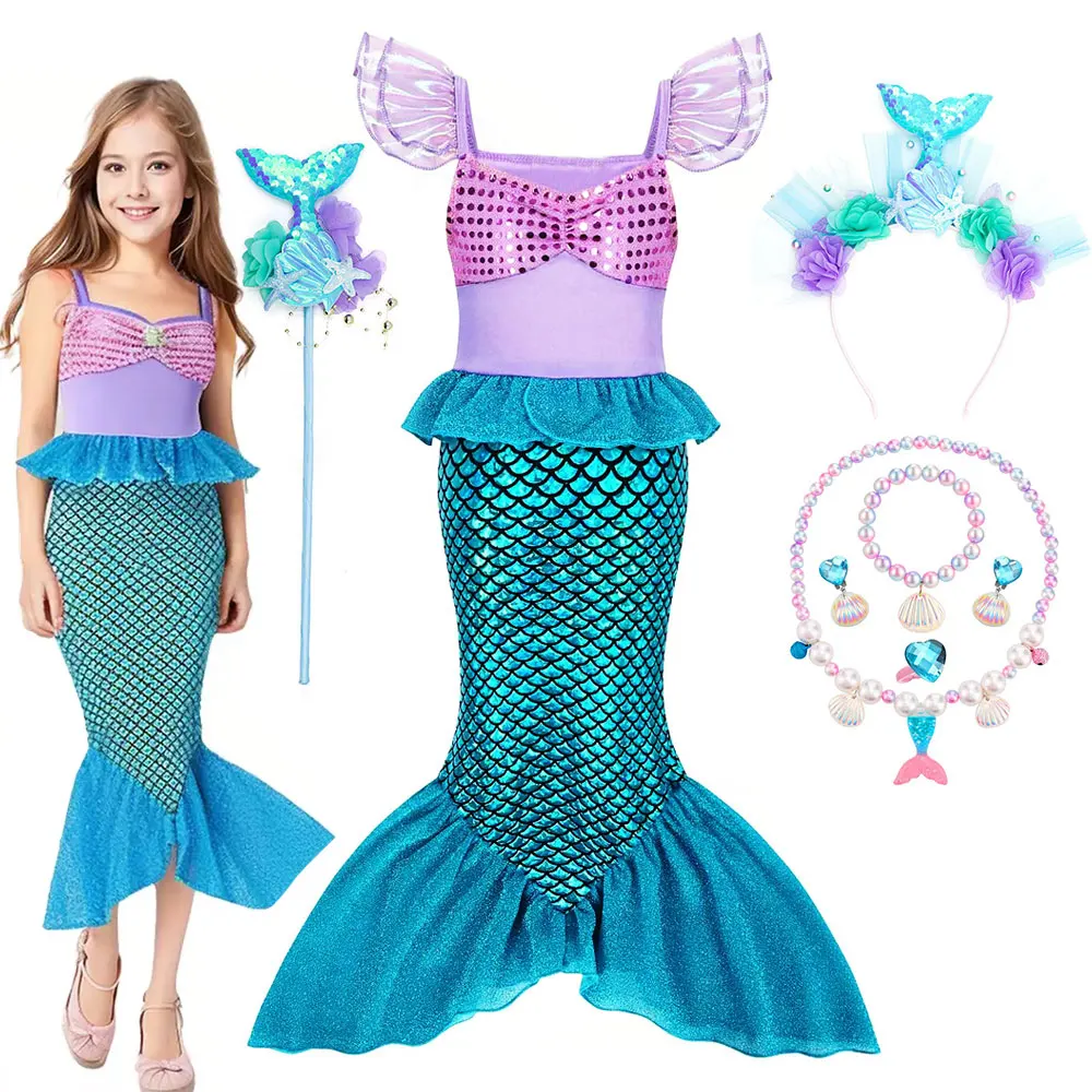 2026 Mermaid Costume for Kids Cute Princess Trumpet Dress Girl Fairy Tale Little Mermaid Cosplay Ariel Apparel Carnival Robe