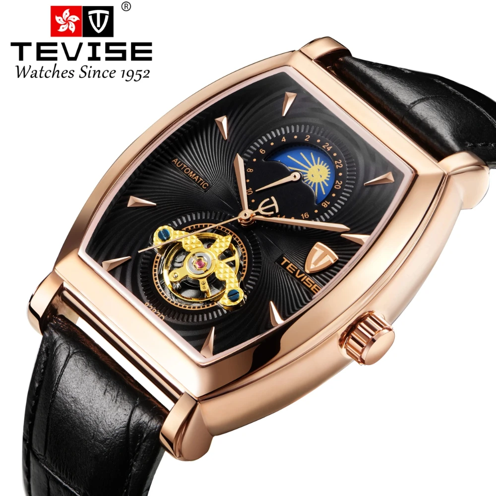 

Tevise 8393 Wine Barrel Type Automatic Winding Watch Business Men Mechanical Watch Tourbillon Leather Moon Phase Watches for Man