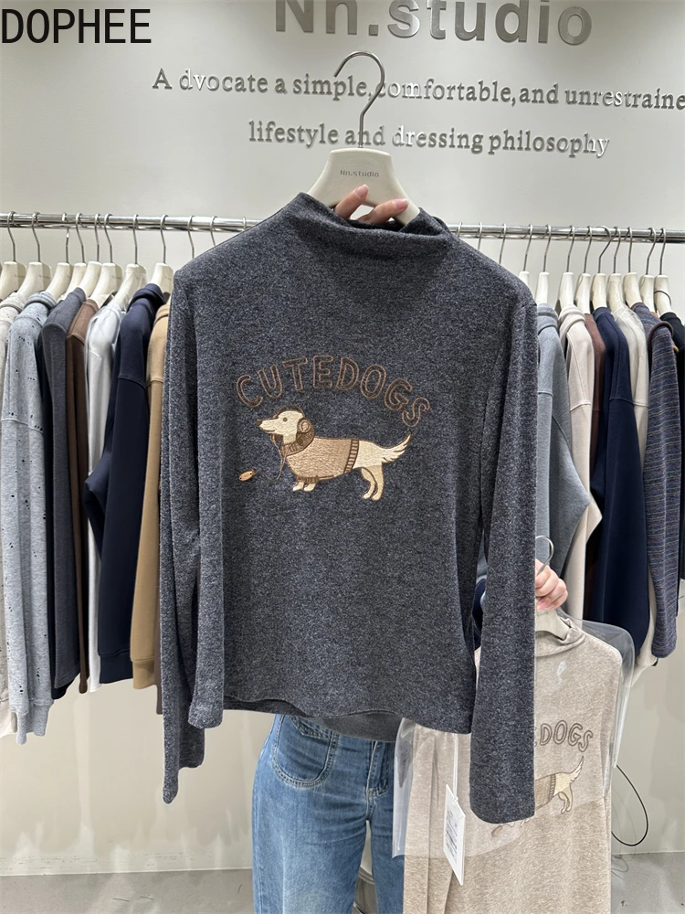 

Женская футболка с длинным рукавом для шлифовки, новинка 2025, осень-зима, пуловер с полувысоким воротником, топ с мультяшной вышивкой, утягивающие базовые футболки