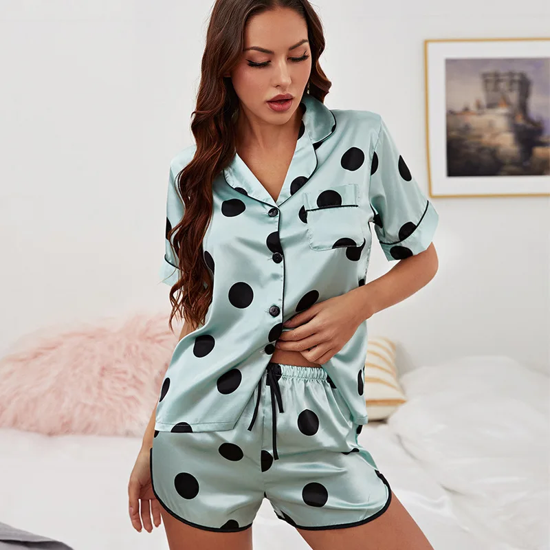 Ropa de dormir de satén para mujer, camisa de manga corta y pantalones cortos con estampado de puntos negros, ropa de dormir informal de 2 piezas para estar en casa