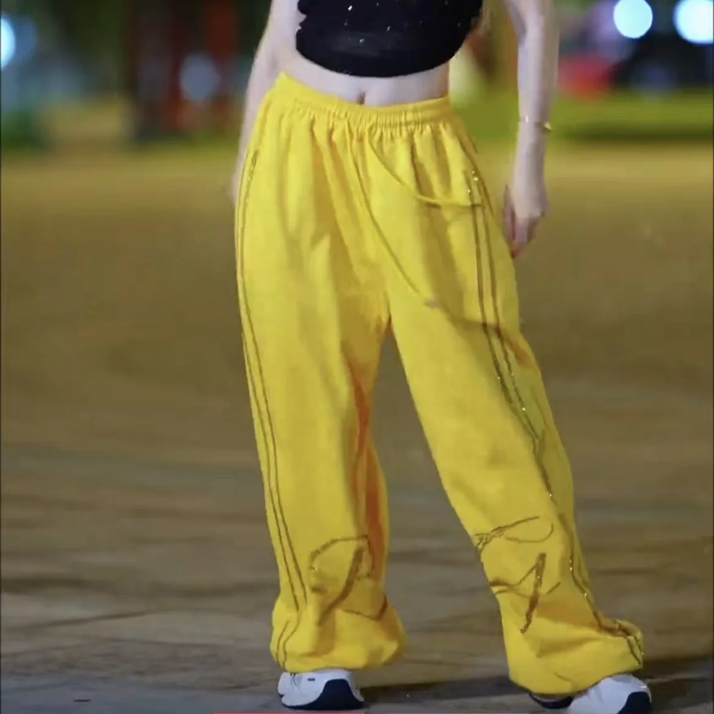 pantalon-de-danse-carree-decontracte-jaune-d'ete-pour-femme-coupe-ample-taille-elastique-pantalon-de-sport-a-jambe-droite-personnalisable-long