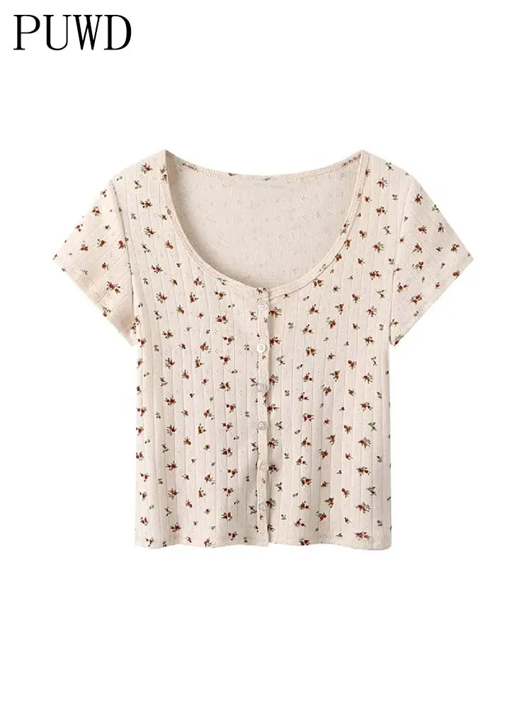 PUWD Slim Girls Flower Print Cotton Knitted Shirts 2022 Summer Fashoin Ladies Vintage Soft Button Shirt Sweet Women Chic Tops