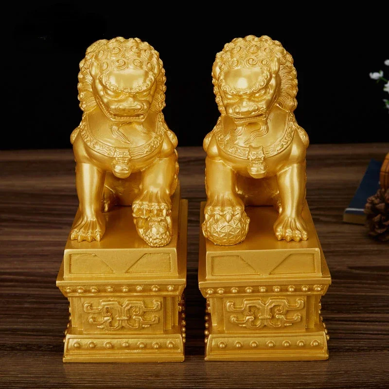 2pcs Chinese Style Lucky Lion Statue Resin Mighty Lion Evil Spirits Crafts Home Office Retro  Decorative Statue