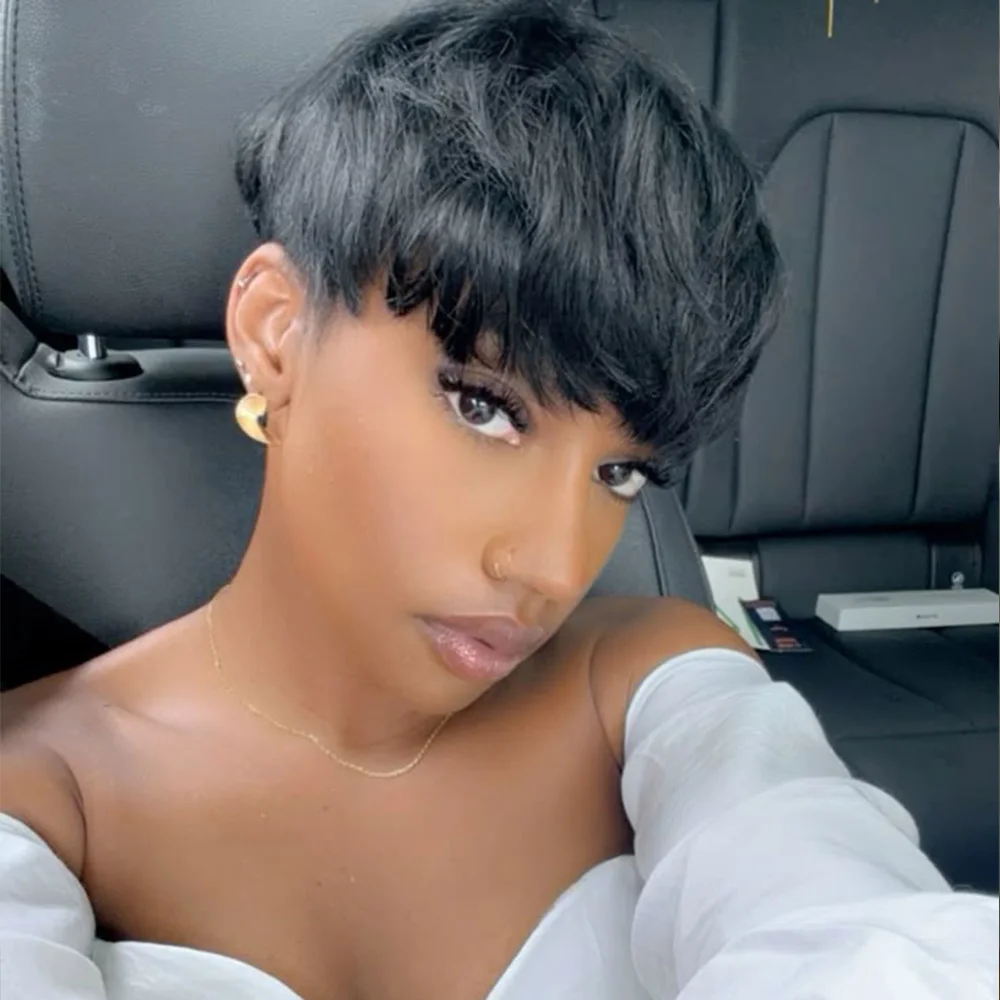 ピクシーカットウィッグ 女性用人毛ショートボブウィッグ 前髪付き レイヤードピクシーカットウィッグ ブラジル人毛フルマシンメイドウィッグ