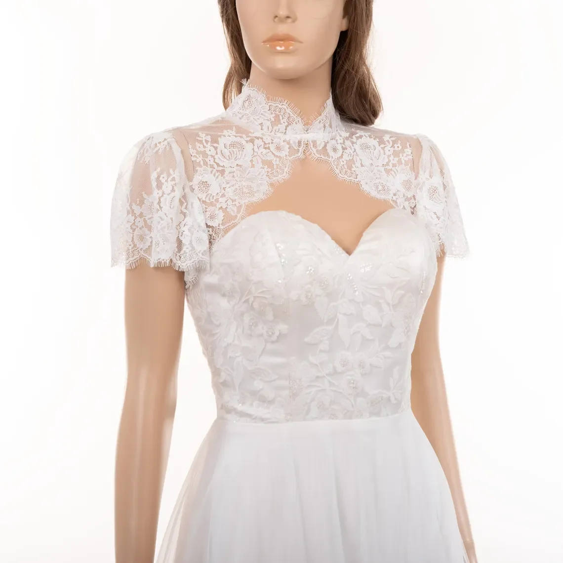 Customized Short Sleeves Wedding Boleros Bride Jacket French Lace High Neck Keyhole Back Bridal Boleros Women Shrug