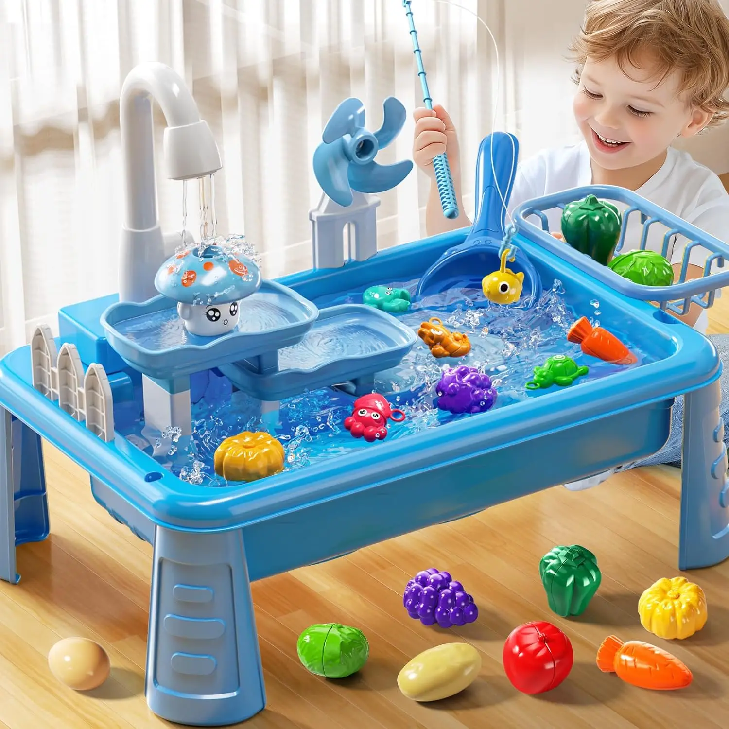 Toddler Water Table with Pump Water Toys Outdoor Sensory Play Water Table Kitchen Sink Toy with Running Water Fishing Game Gifts