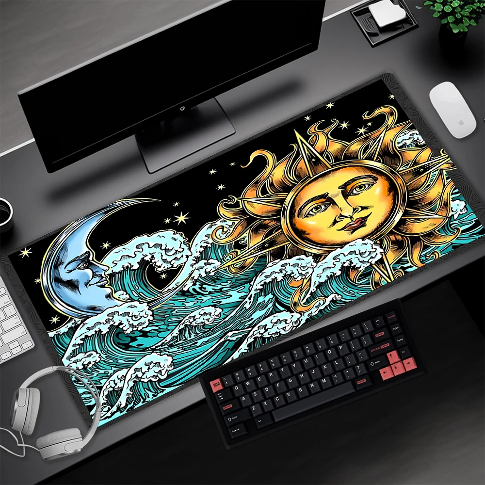 Sun Moon Desk Mat Waves Gothic Mausepad Office Accessories Gamer Carpet Dark Mouse Pad Black Aesthetic Desktop Rug 100x50 90x40