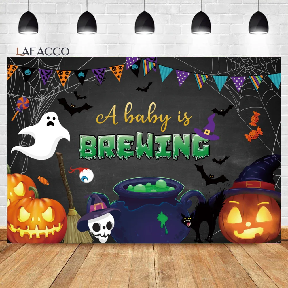 Laeacco Halloween Baby Shower Backdrop A Baby is Brewing Theme Hallowmas Pregnancy Announcement Portrait Photography Background