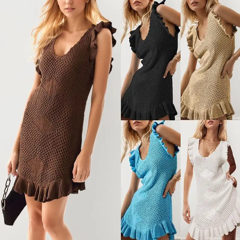 

Лето 202, женский однотонный вязаный ажурный пляжный жилет-прикрытие, трансграничный модный жилет трапециевидной формы с узкими бретелями