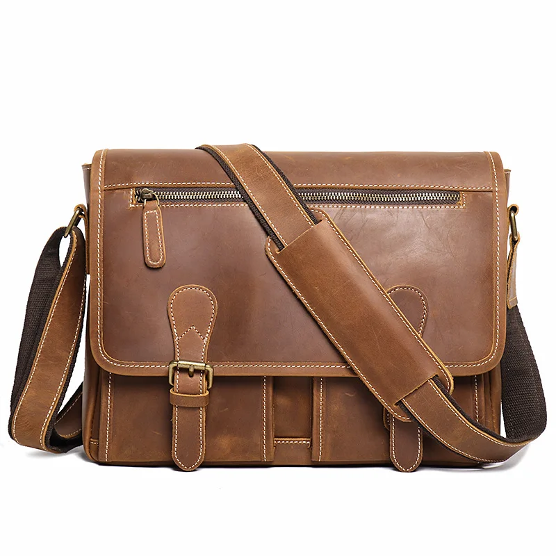 Genuine Leather Men's Shoulder Bag, Top Layer Cowhide Shoulder Bag, Crazuy Horse Leather 12 Inch Lapop Men's Messneger Bag