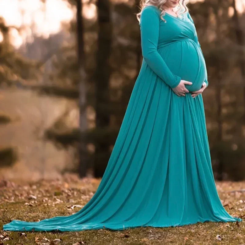 Maternity Off Shoulder Maxi Gowns for Photo Shoot Long Sleeve Pregnnat Women Baby Shower Photography Props Dress Pregnant Women