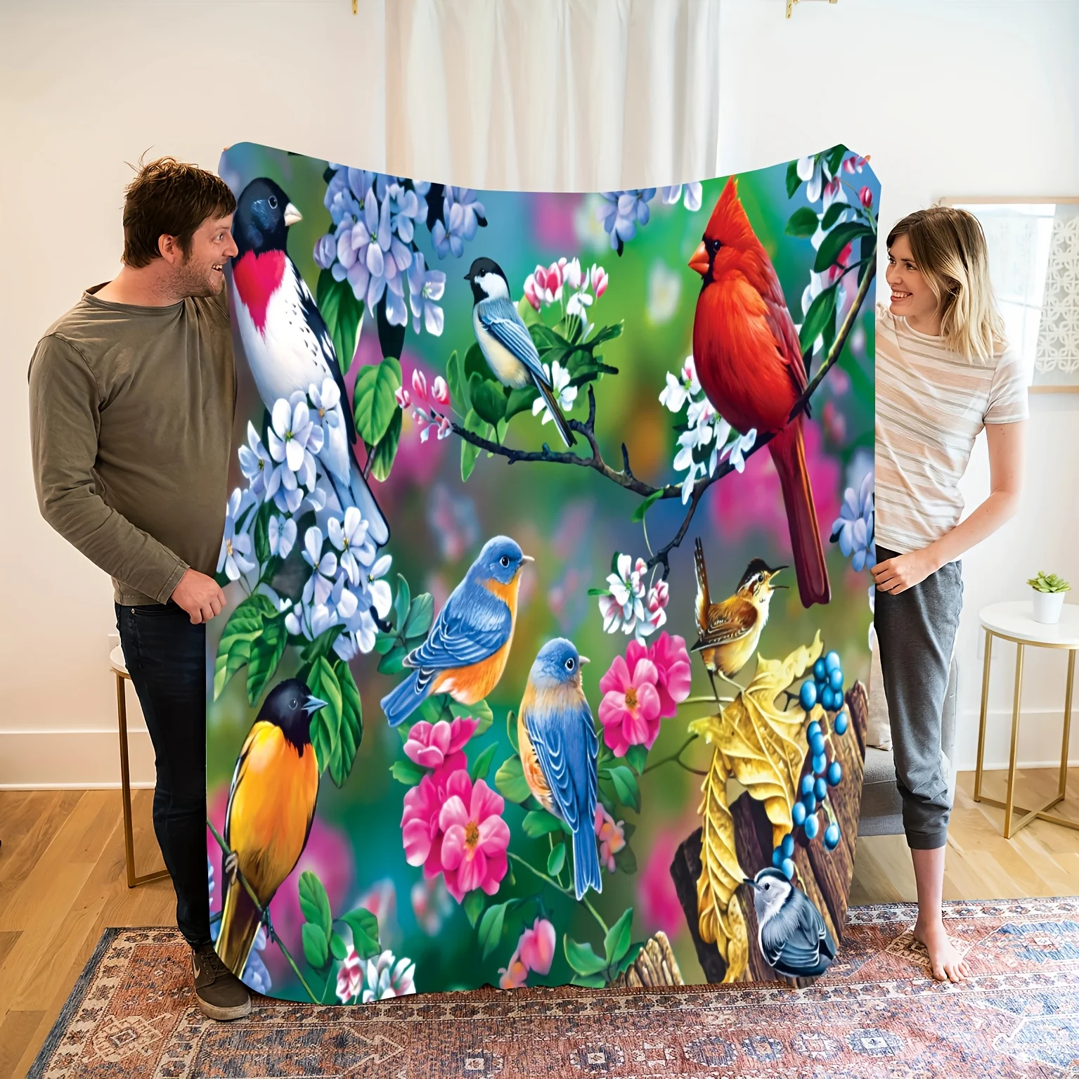 Cozy & Colorful Bird-Themed Flannel Throw Blanket,with Red Cardinal, Bluebirds, and Pink Flowers,for Home Decor, Camping, Travel