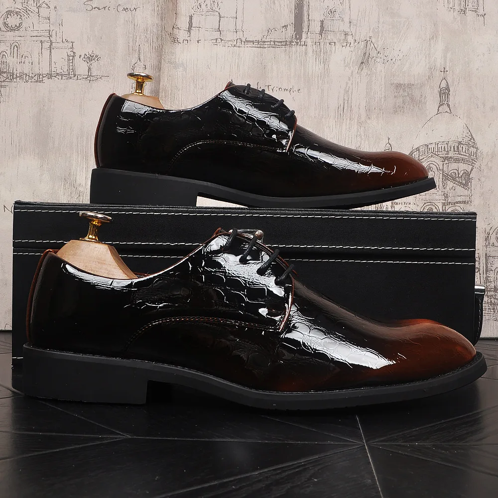 Men's Gradient Crocodile Embossed Dress Shoes, Lace-Up Pointed Toe, Two-Tone Black Brown Fade Finish, Low Block Flat Heel Shoes