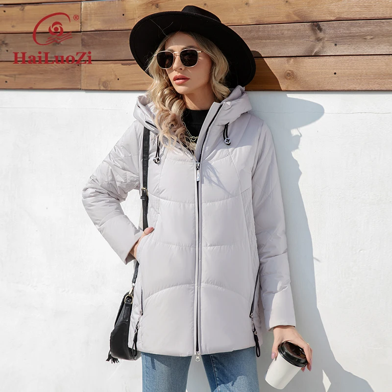 HaiLuoZi 2023 New Spring Jackets Women Mid-Long Side Pockets Casual Female Quilting Parkas Hooded Zipper Style Women's Coat 3361