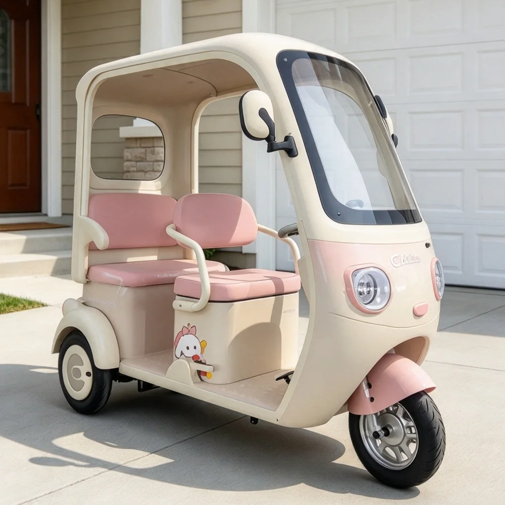 Electric three wheel tricycle, dual passenger cargo application, long range, family freight transportation