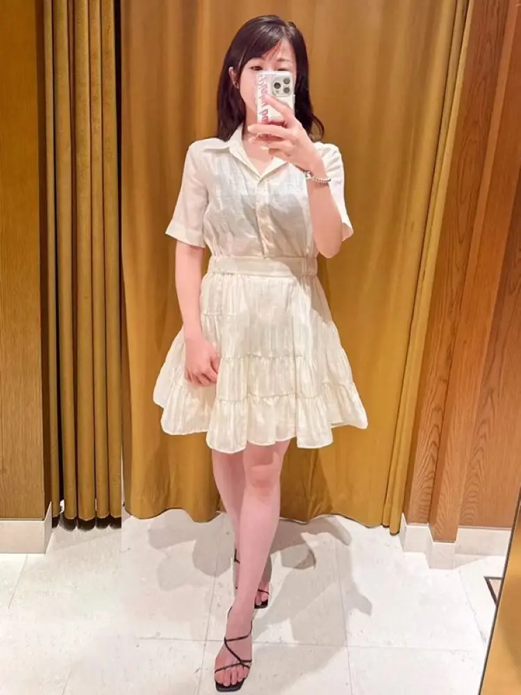 

Women Ruffles Mini Robe Turn-down Collar Short Sleeve Elastic Waist Casual 2024 Summer Dress