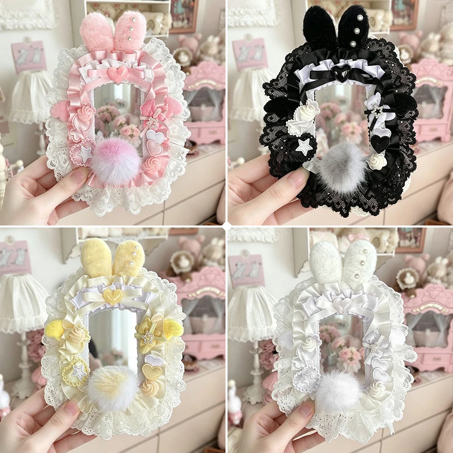 Handmade Plush Bunny Ear Pom‑pom Lace Satin Photocard Holder,3 Inch Clear PVC Sleeve for Idol Card,Anime Card,3‑inch Photo,Collectible Card Protective Display Shell,Fandom Decorative Photocard Case,Trading Card Cover