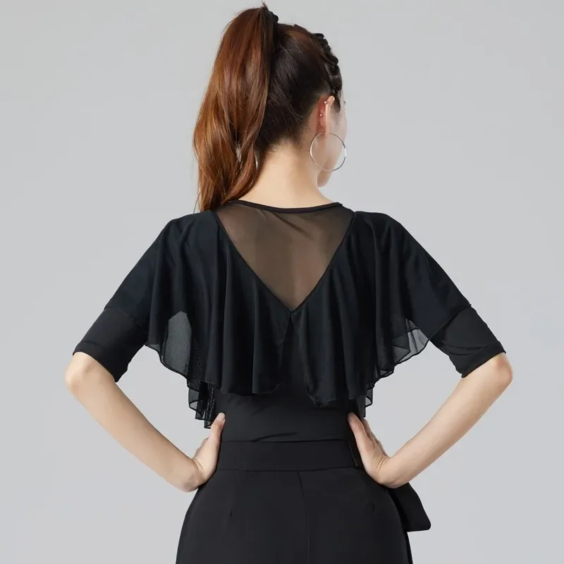 Costume de danse latine pour femmes adultes, noir, manches moyennes, maille, robe d'entraînement moderne, haut de danse de Samba sociale, nouvelle collection été 2025