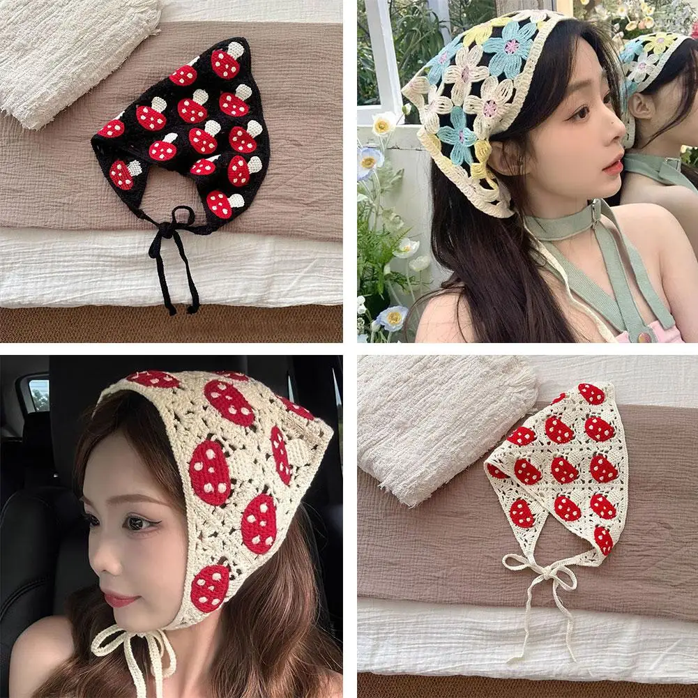 Sweet Cute Handmade Knit Hairband Women's Hair Accessories Knit Hook Flower Headscarf Summer Triangle Scarf Spring Autumn Travel