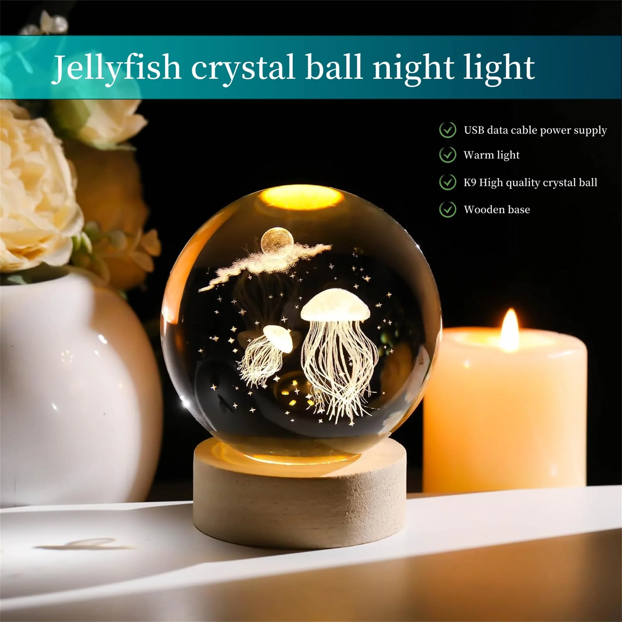 A jellyfish crystal ball nightlight, USB plug, wooden base, festive atmosphere decorated nightlight.