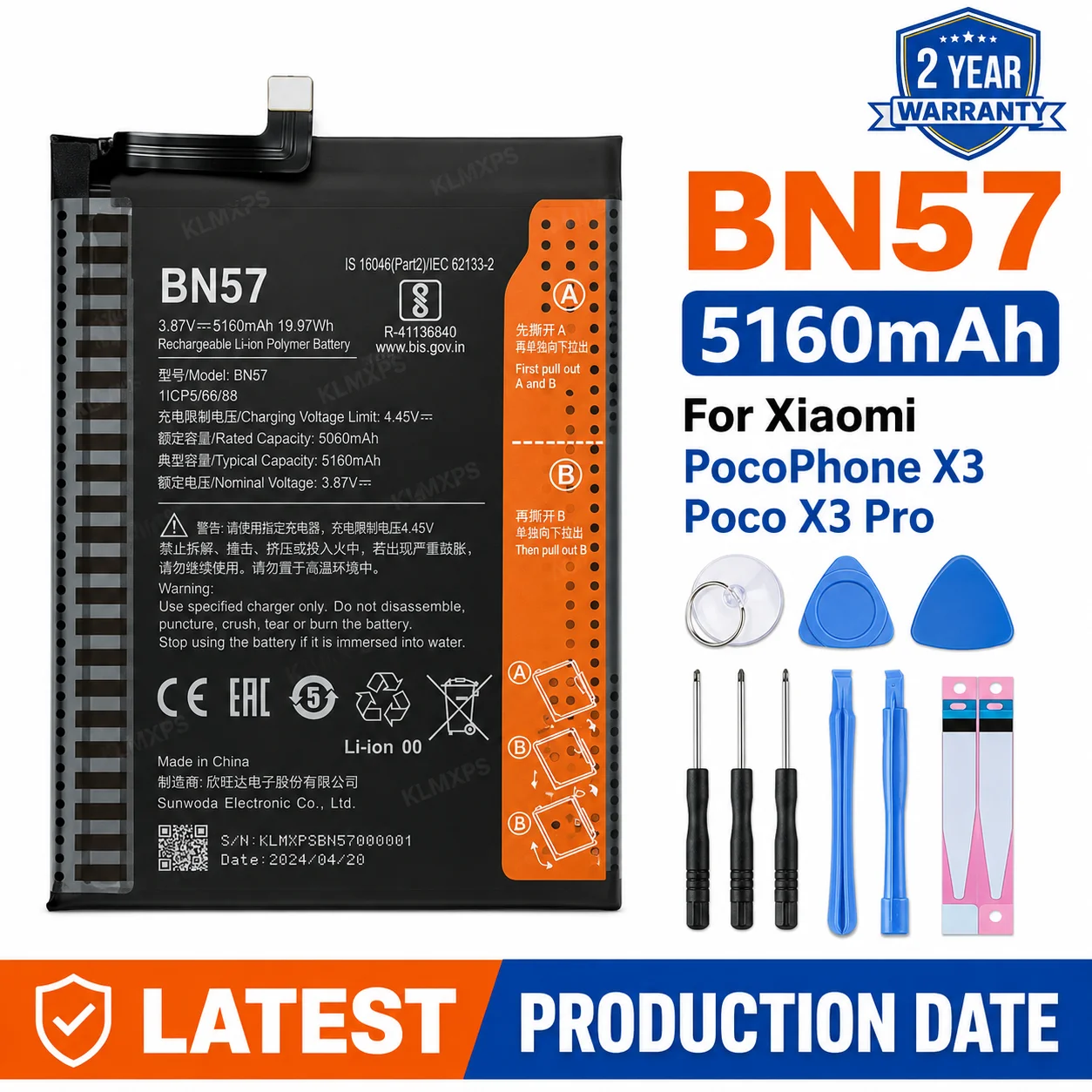 New High Capacity BN57 5160mAh Battery for Xiaomi Pocophone X3 Poco X3 Pro Long Lasting Replacement Cell with Tool Kit Set
