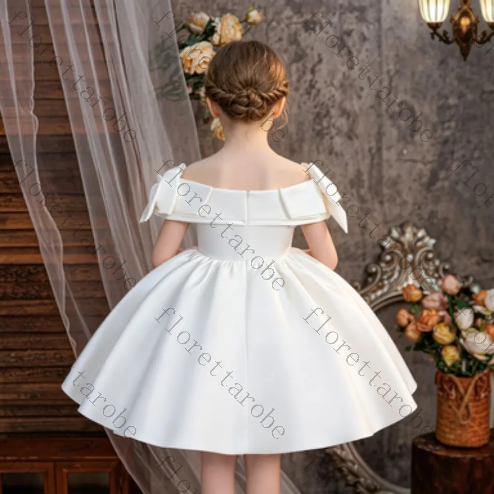 Customized White Satin Baby Girl Formal Dress Off Shoulder Multi Bow Decor A-Line Flared Skirt Toddler Wedding Birthday Party