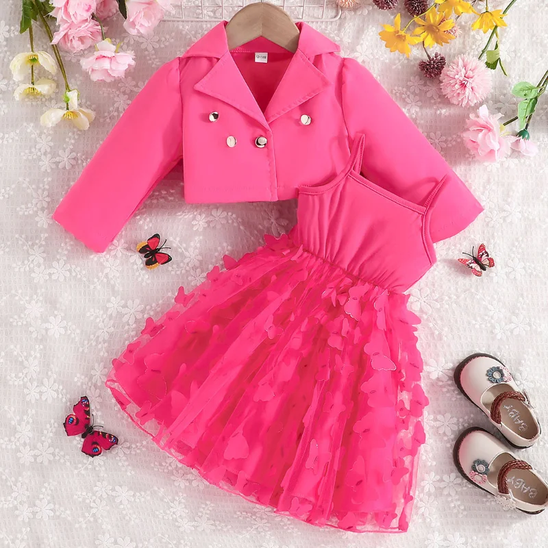 Small and Medium-Sized Children's Fashion Jacket Top+Dress Two-Piece Set with Decal Mesh Suspender Fashion Runway Set