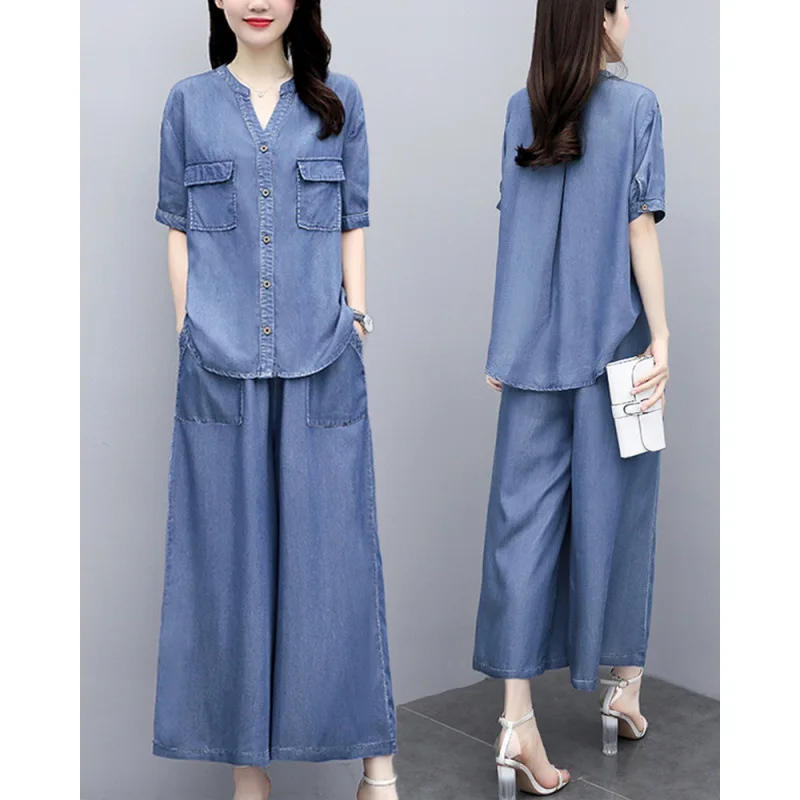 

Pant Set Women Two Piece Sets V Neck Full Sleeve Tops Wide Leg Long Pants Elastic Waist Y2k Streetwear Elegant Casual Loose 2026