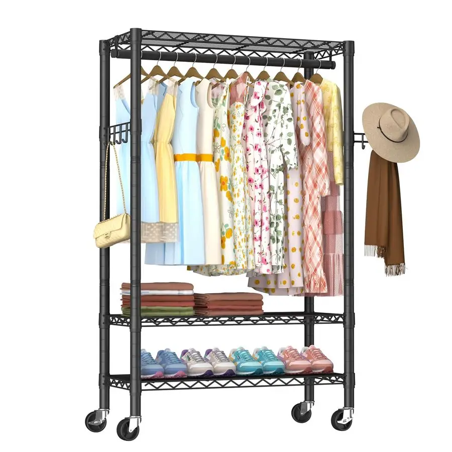 

Duty Clothes Rack Rolling Garment Rack,3 Tier Adjustable Wire Shelving Clothing Racks for Hanging Clothes with Hanger RodampSide