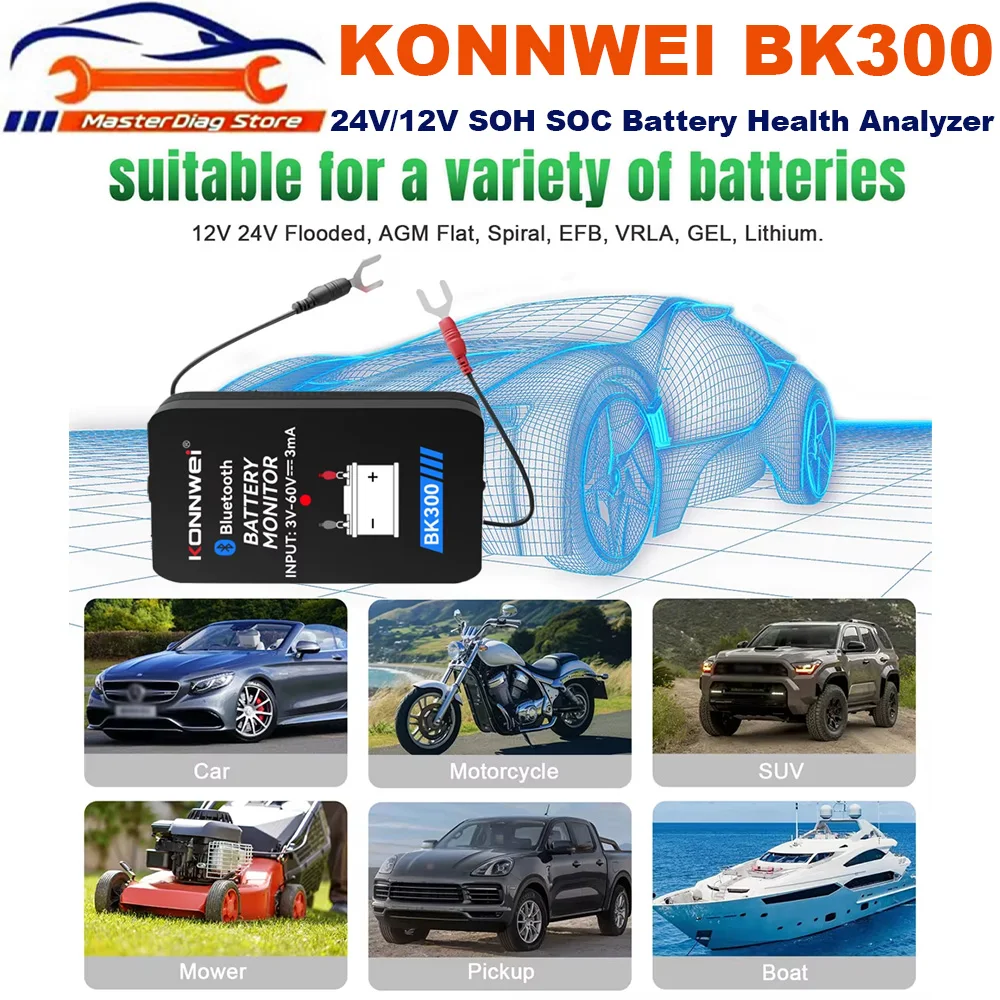 

[Новинка 2025 года] KONNWEI BK300 Монитор аккумулятора Грузовик Тестер аккумуляторов 24 В 12 В SOH SOC Анализатор здоровья аккумуляторов