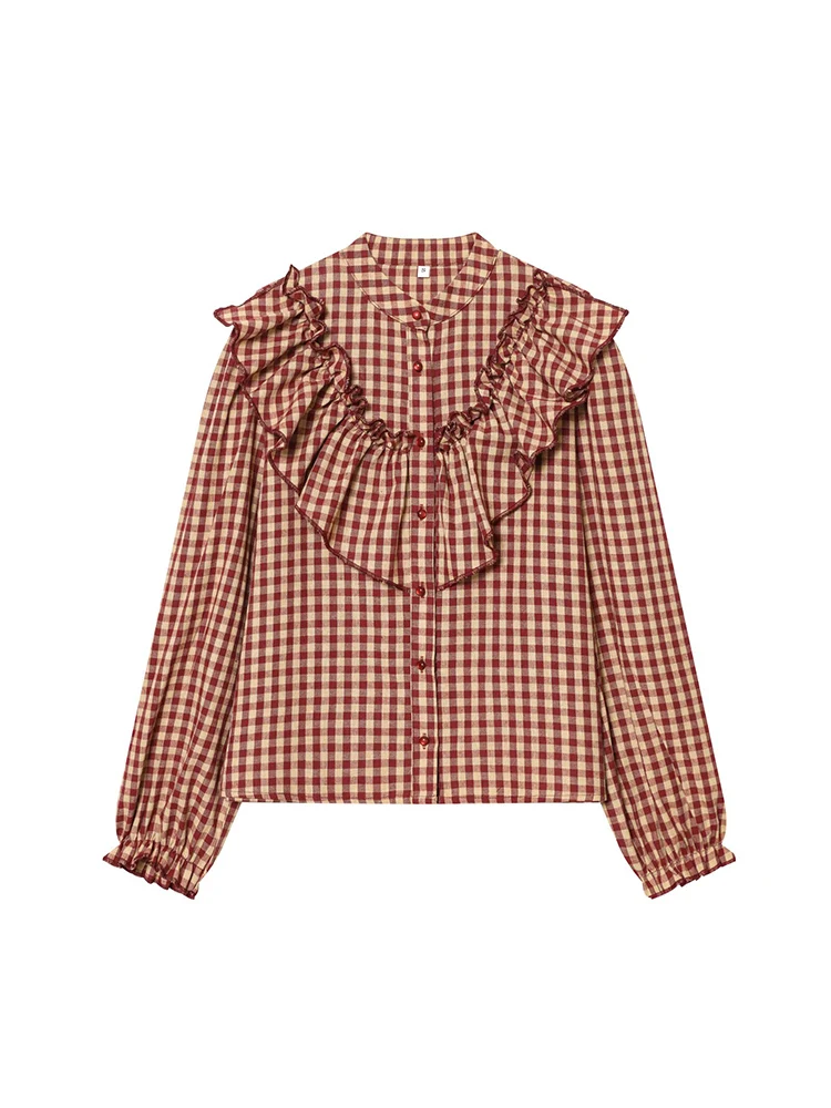 เสื้อเชิ้ตผู้หญิงลำลอง TFMLN แฟชั่นตกแต่งระบายชั้นๆ ลายสก็อตเก๋ไก๋ แขนยาว เสื้อเบลาส์สำหรับฤดูใบไม้ผลิและฤดูใบไม้ร่วง เสื้อติดกระดุมสุดชิคสำหรับผู้หญิง ﻿