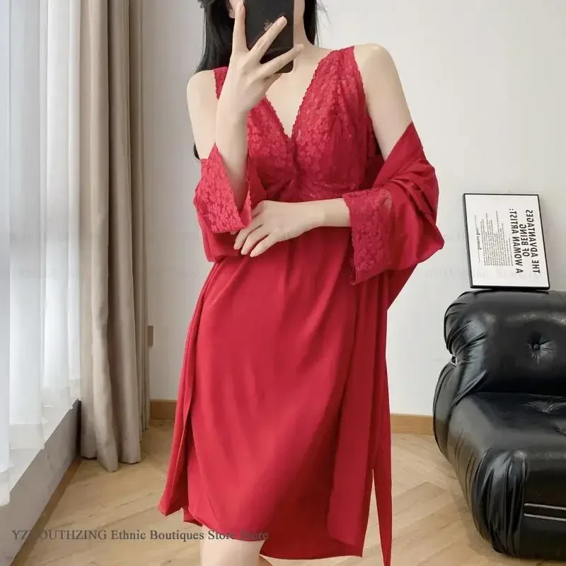 

Весенне-летний лоскутный кружевной комплект-двойной халат, ночная рубашка, женская сексуальная одежда для сна, домашняя одежда, свободный атласный халат из ледяного цвета, одежда для дома