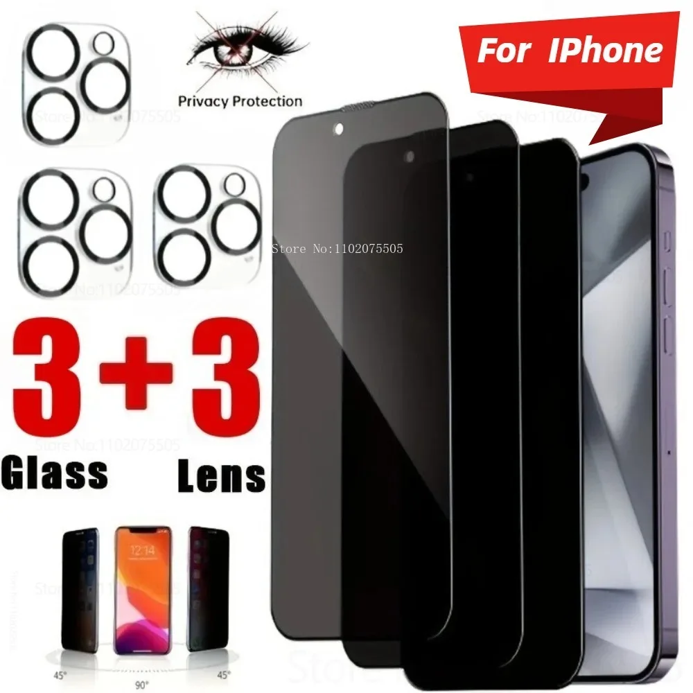 

[3+3]3Pcs Anti-Spy Screen Protector+3Pcs Camera Lens Film for IPhone 13 Promax 14/15/16 Promax 11 Promax 15Plus 12Mini 16E Glass