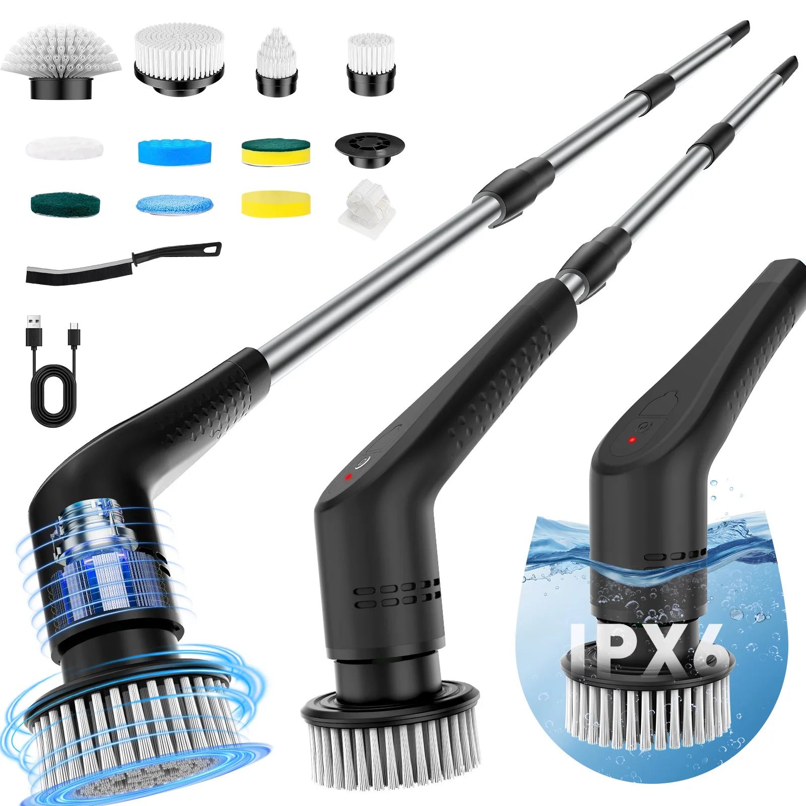 

12-in-1 Electric Cleaning Brush Extendable Long Handle Cordless Spin Scrubber IPX6 Waterproof for Bathroom Kitchen Floor Toilet