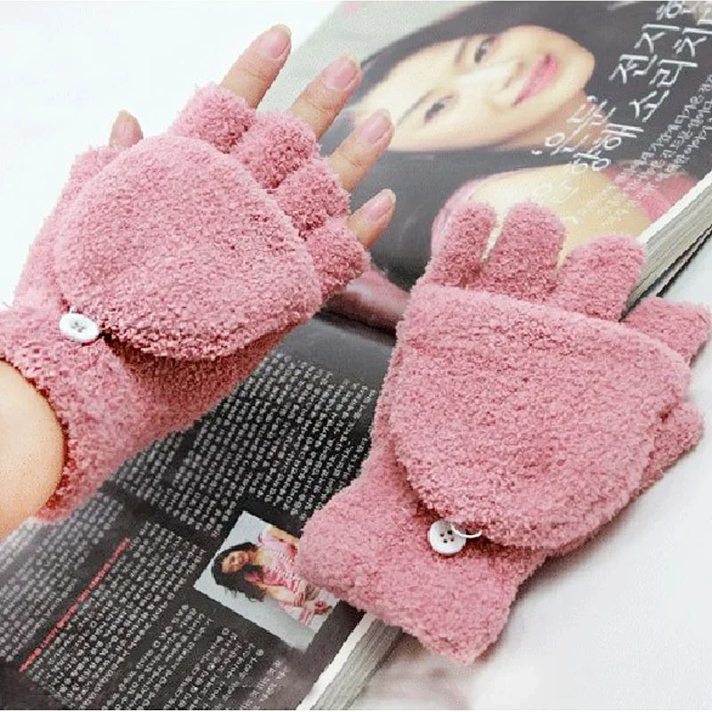 Women Winter Multifunctional Semi-Finger Flip Thermal Gloves Coral Fleece Flip
