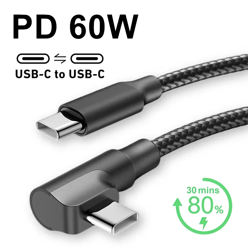 

90 Degree USB C to USB C Fast Charge Cable For iPhone 15 16 17 Pro Samsung Xiaomi Huawei Redmi Honor Type C Braided Elbow Cables