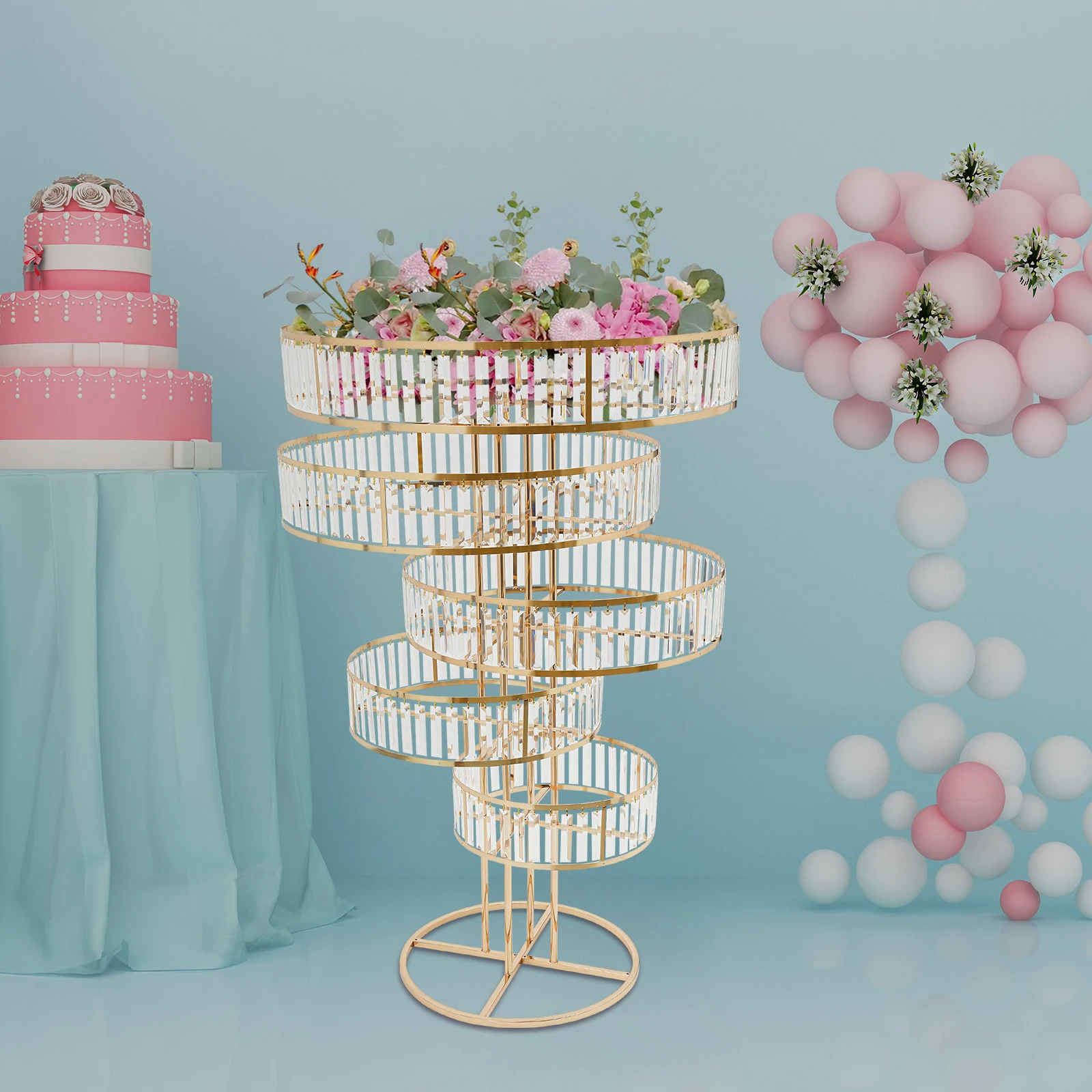 Gold Five-Tier Round Crystal Flower Stand Round Pedestal Display Rack For Wedding Birthday Christmas Party Decor